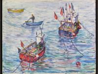 Piet Mulder (1919-2001) schilderij vissersboten Harwich