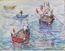 Piet Mulder (1919-2001) schilderij vissersboten Harwich 