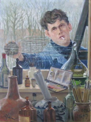 Johan Christiaan Nijland (1888-1974) schilderij De glazenwasser 1954